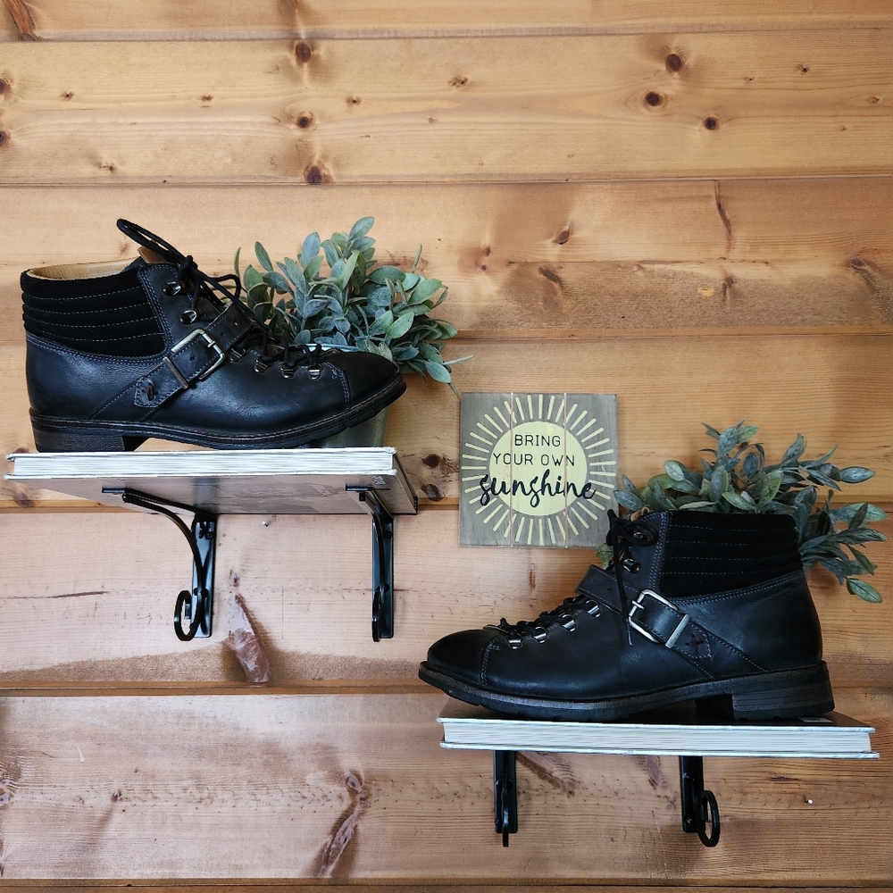 Sebago Laney Hiker Black Leather Suede Ankle Low Heel Boots Buckle Strap Sz 8 M‎